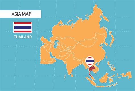 Thailand map in Asia, icons showing Thailand location and flags ...