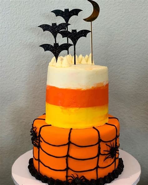 2 Tier Halloween Cake With Candy Corn Bats And Spiders