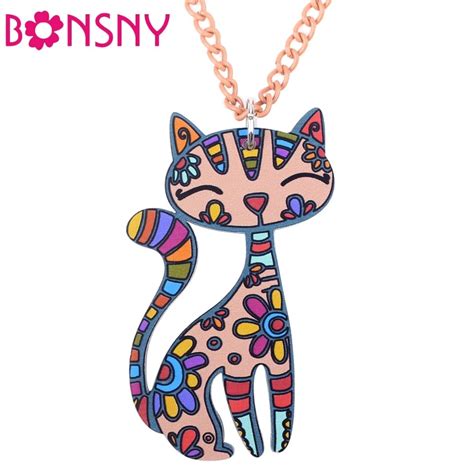 Bonsny Acrylic Cat Pendant Necklace For Women Chain Fashion Jewelry