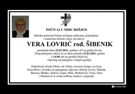 Vera Lovrić rođ Šibenik Osmrtnice KSB