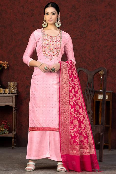 Embroidered Banarasi Silk Pakistani Suit In Pink Ucchal Fashion