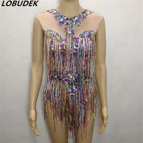 Colorful Tassels Crystals Bodysuit Sleeveless Bodysuits Female Singer Dance Outfit Bar Nightclub