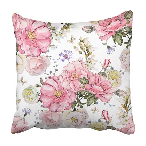 Bpbop Pink Flowers And Leaves Watercolor Floral Rose Pillowcase Throw