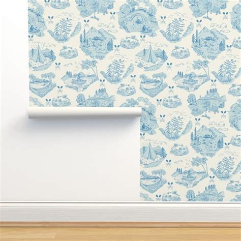 Dark Blue Lake Life In Toile De Jouy Wallpaper Spoonflower