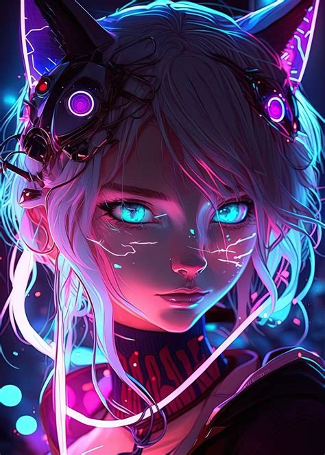 Cat Girl Blue Neon Anime Poster By Hassen Bouchemma Displate Artofit