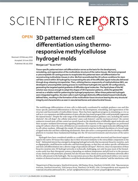 Pdf 3d Patterned Stem Cell Differentiation Using Thermo Responsive Methylcellulose Hydrogel Molds