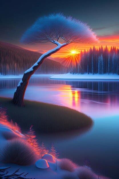 Premium Photo Sunset Over The Lake Fantasy Winter Forest Landscape