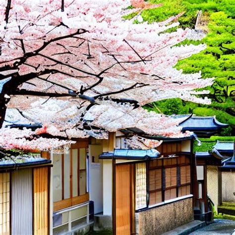 Japanese Houses And Cherry Blossom