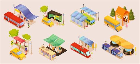 Premium Vector Isometric Public City Transport Stop Isolated Set Town Waiting Station For