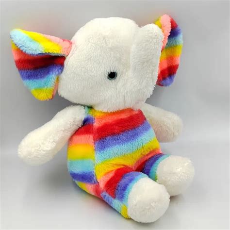 ANCIENNE PELUCHE ÉLÉPHANT blanc bleu rose jaune vert Arc en ciel AJENA