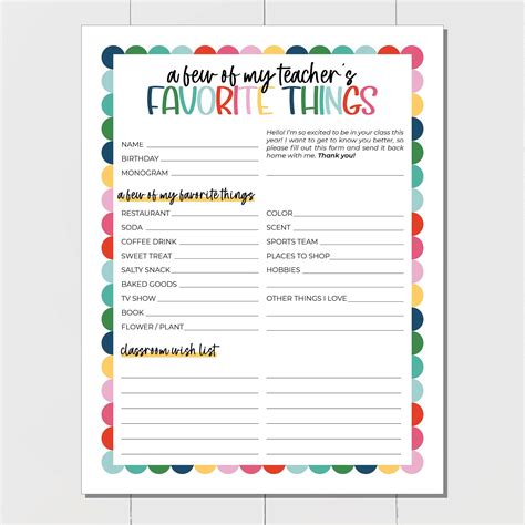 Teacher Favorite Things All About The Teacher Printable With Classroom