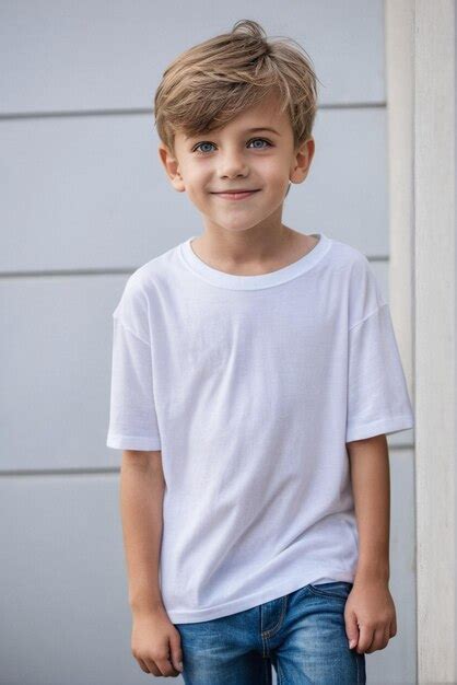 Um Menino Vestindo Uma Camisa Branca Simples Um Modelo De Camisa Branca