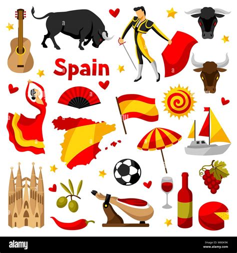 Spain Icons Set Spanish Traditional Symbols And Objects Stock Vector