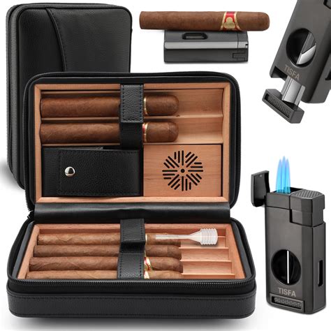 Tisfa Cigar Humidor Leather Cedar Wood Cigar Case With Cigar Lighter