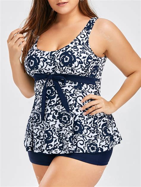 [32 Off] Plus Size Print Blouson Tankini Rosegal