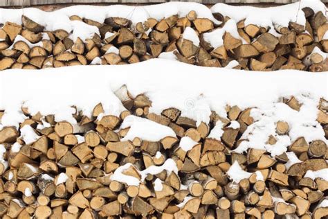 Stacked In A Woodpile For Heating The House In Winter Firewood Under