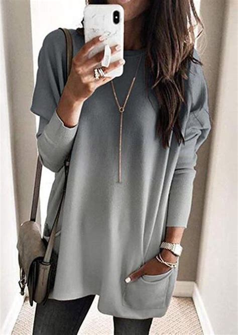 Gradient Color Long Sleeve Pocket Mini Dress Without Necklace Gray