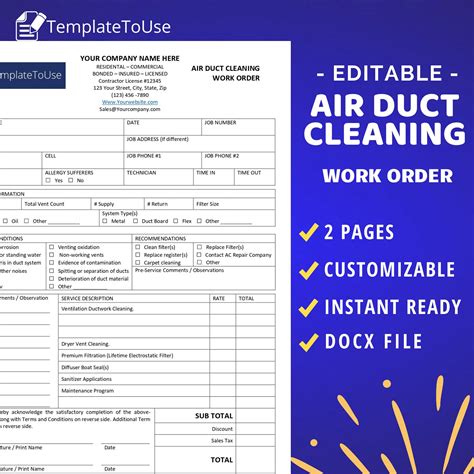 Air Duct Cleaning Work Order Dryer Vent Cleaning Business Template