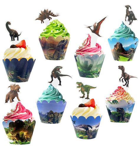 Dinosaur Cupcake Toppers And Wrappers 48 Pcs Jurassic Park Cupcake Toppers For Dinosaur Themed