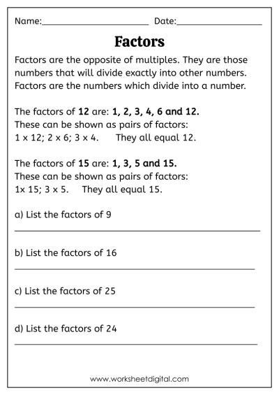 Factors And Multiples Worksheet Digital