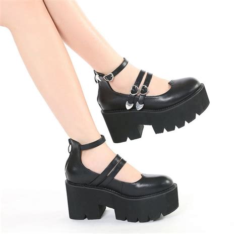 Matte Black Mary Jane Shoes Block Chunky Heels Buckle Platform Korean