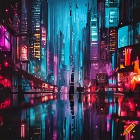 Neon Lights In A Futuristic Dystopian City