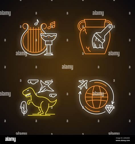 Archeology Neon Light Icons Set Ancient Culture Lyre And Goblet