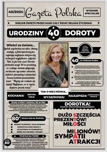 40 URODZINY PREZENT GAZETA PLAKAT DLA NIEJ KOBIETY MATASHOWPL Gona40