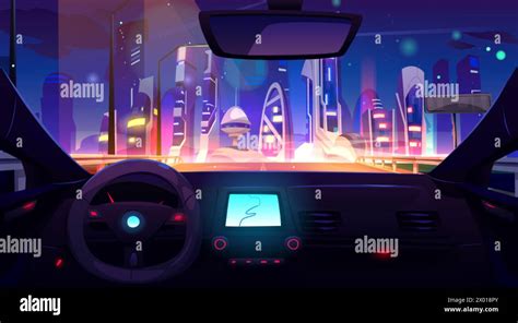 Futuristic Cityscape View From Inside Car Vector Cartoon Illustration