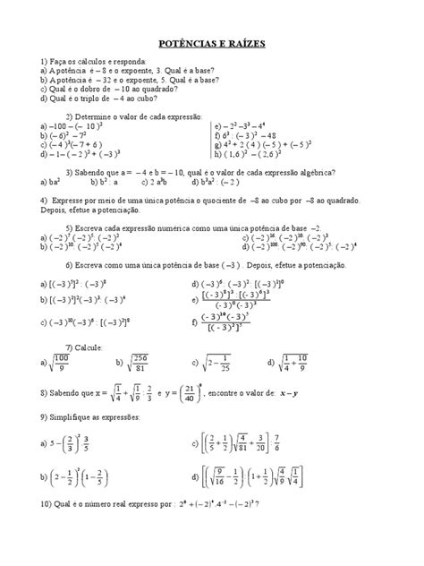 Potenciação E Radiciação Exercícios