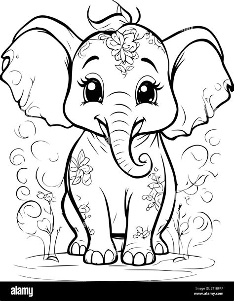 Contorno De Página Para Colorear De Elefante De Dibujos Animados Con Flores Para Colorear Libro