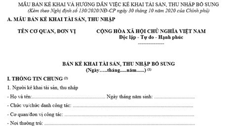 Mẫu bản kê khai bổ sung tài sản thu nhập theo Nghị định 130 và cách ghi