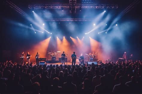 Una Banda Tocando En El Escenario Con Una Multitud Mirando Foto Premium