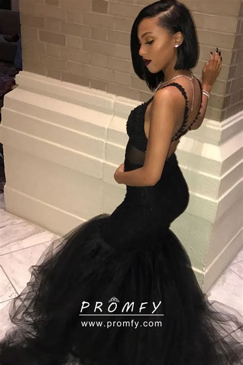 Beaded Black Lace And Tulle Trumpet Mermaid African American Prom Dress