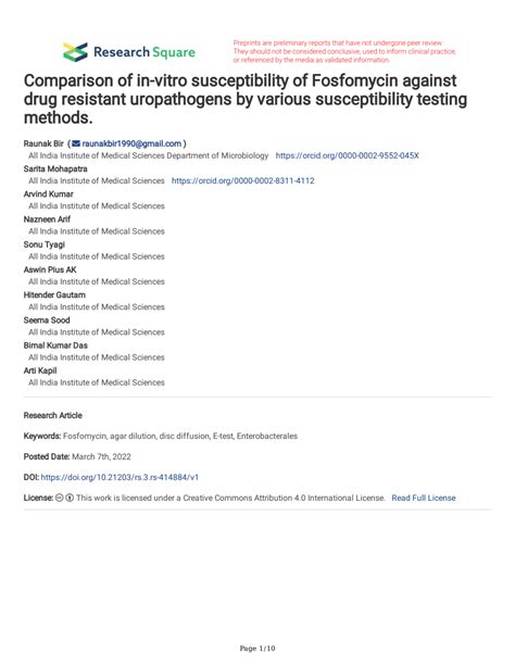 Pdf Comparison Of In Vitro Susceptibility Of Fosfomycin Against Drug