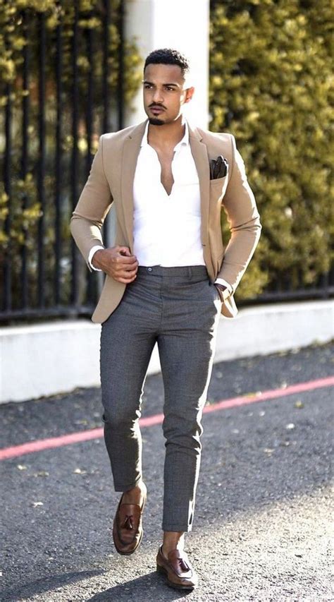 Beige Suit Jackets And Tuxedo Blazer Outfits Ideas With Grey Jeans Tan Blazer Outfit Mens