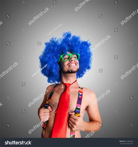Funny Guy Naked With Blue Wig And Red Tie On Green Backgrund Stock Photo 120096022 Shutterstock