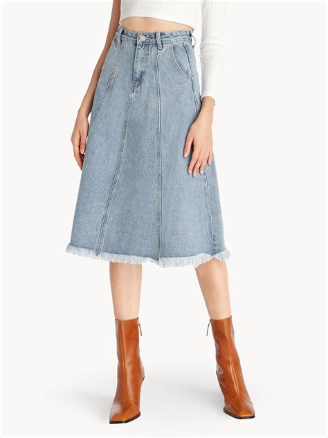 Frayed Hem Denim Skirt Blue Pomelo Fashion