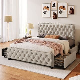 Upholstered Platform Bed With Four Drawers And Button Tufted Queen