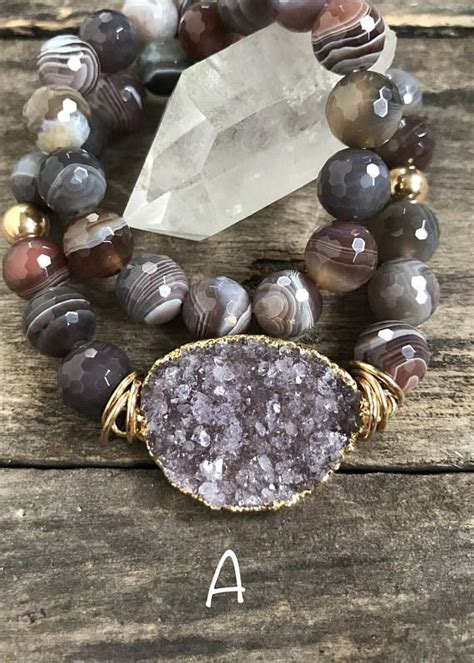 Druzy Bracelet Druzy Quartz Botswana Agate Perl Stretch Wrap Bracelet