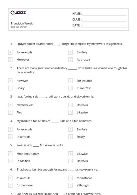 Transition Words Worksheets For Th Grade On Quizizz Free Printable