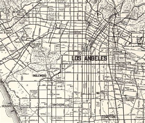 1936 Antique Los Angeles City Map Of Los Angeles Street Map Etsy