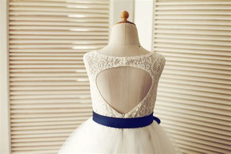 Keyhole Back Ivory Lace Tulle Wedding Flower Girl Dress Navy Blue Sas