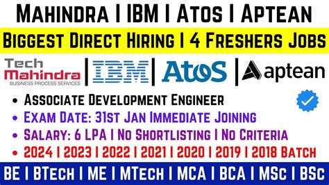 Biggest Direct Hiring 4 Freshers Jobs Mahindra IBM Atos Aptean