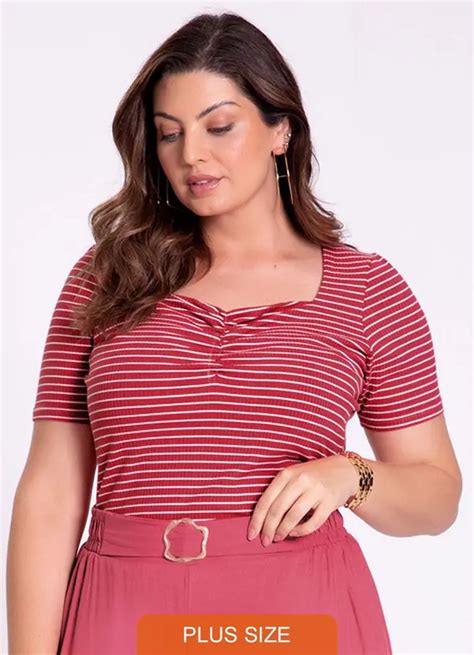 Blusa Plus Size Listrada Franzido Busto Rosa Lunender Mais Mulher