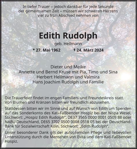 Alle Traueranzeigen für Edith Rudolph trauer rp online de