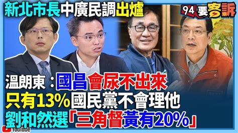 【94要客訴】新北市長中廣民調出爐！溫朗東：國昌會尿不出來！只有13國民黨不會理他！劉和然選「三角督黃有20」 Youtube