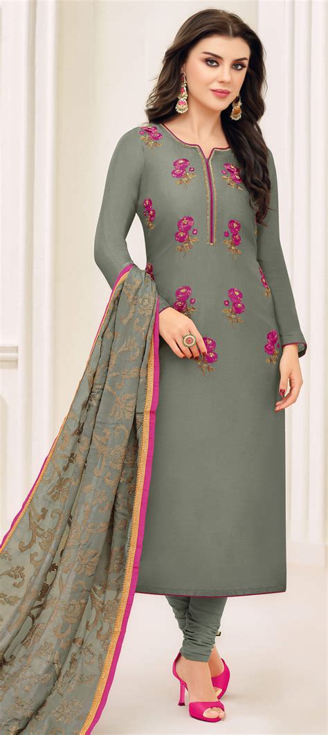 Party Wear Black And Grey Color Uppada Silk Fabric Salwar Kameez 1652236