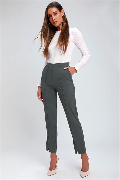 Chic Charcoal Grey Pants Trouser Pants Slit Dress Pants Lulus