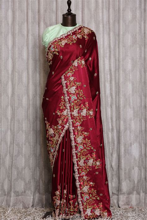 Wine Red Thread Embroidered Satin Saree Pg3284 In 2020 Satin Saree